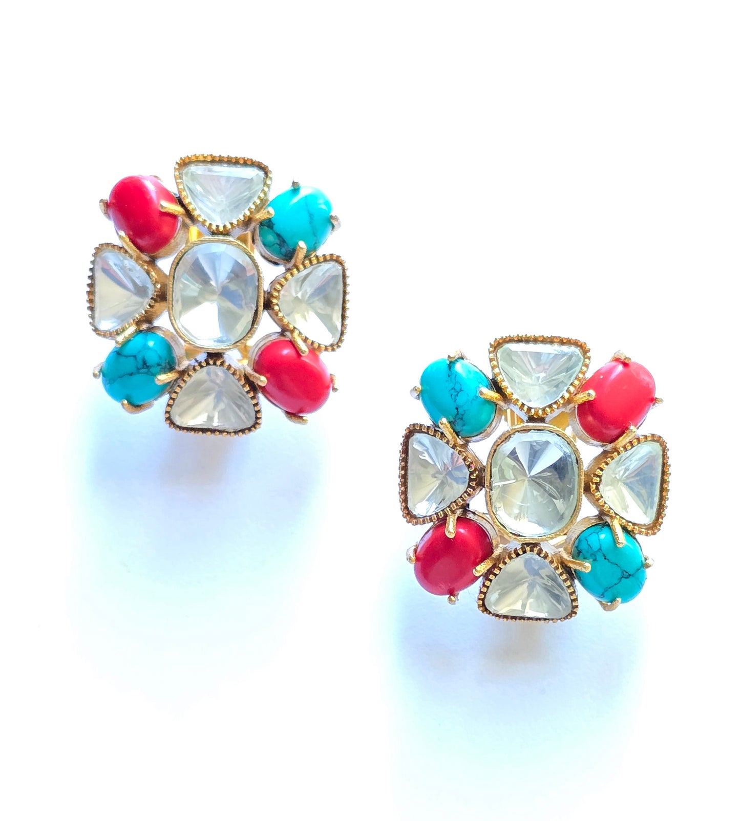 Floral Natural Stone & Polki Studs Earrings