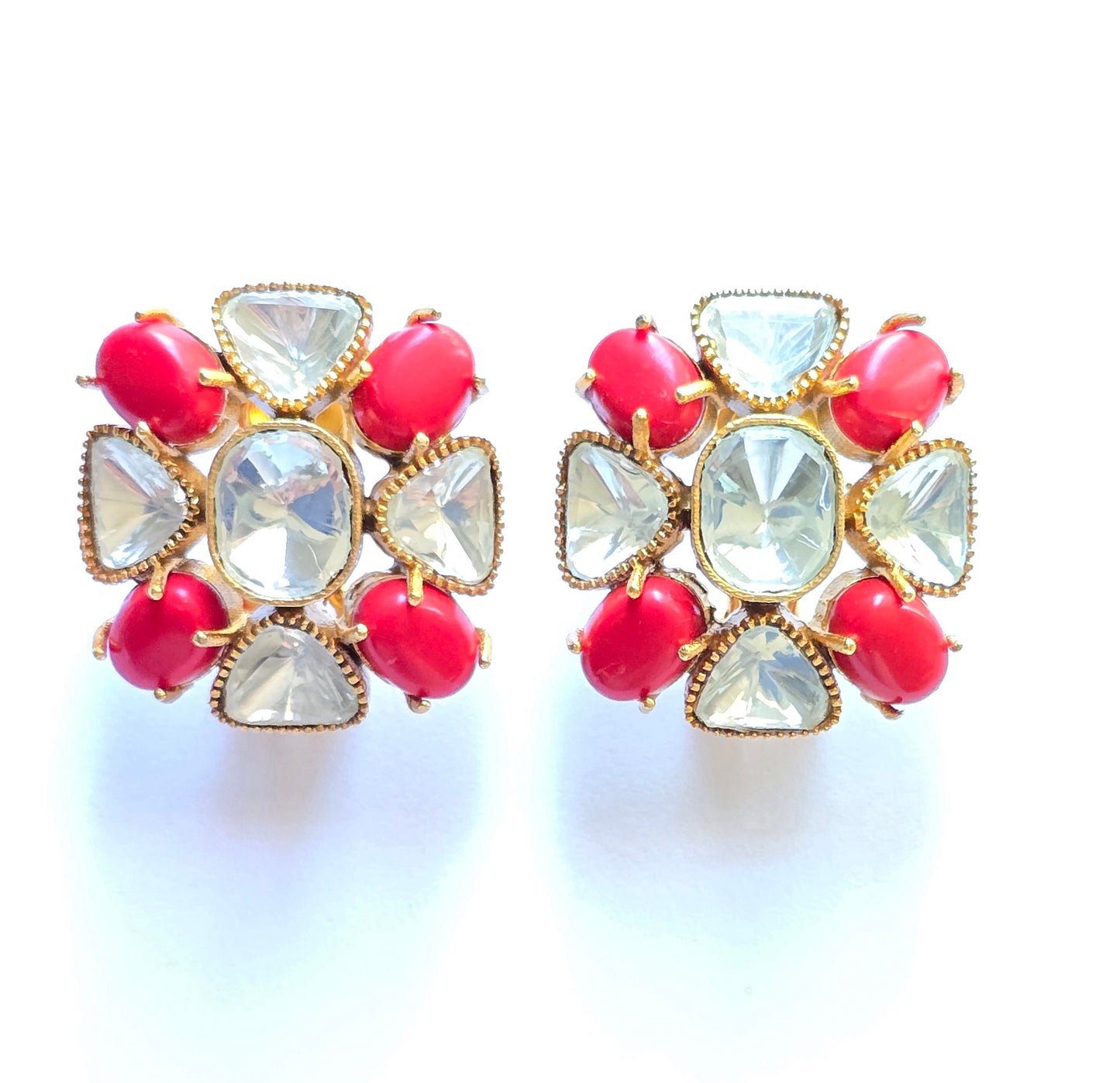 Floral Natural Stone & Polki Studs Earrings