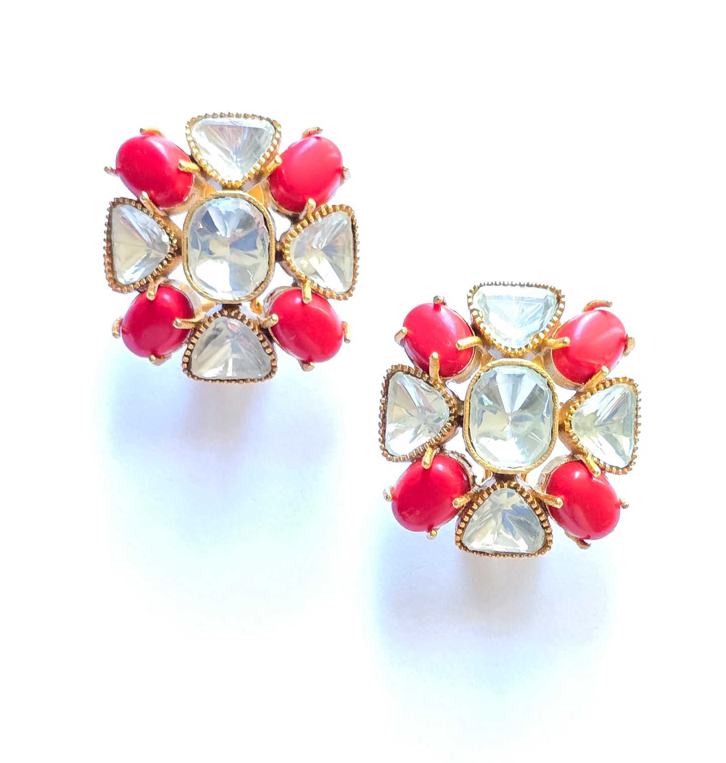 Floral Natural Stone & Polki Studs Earrings