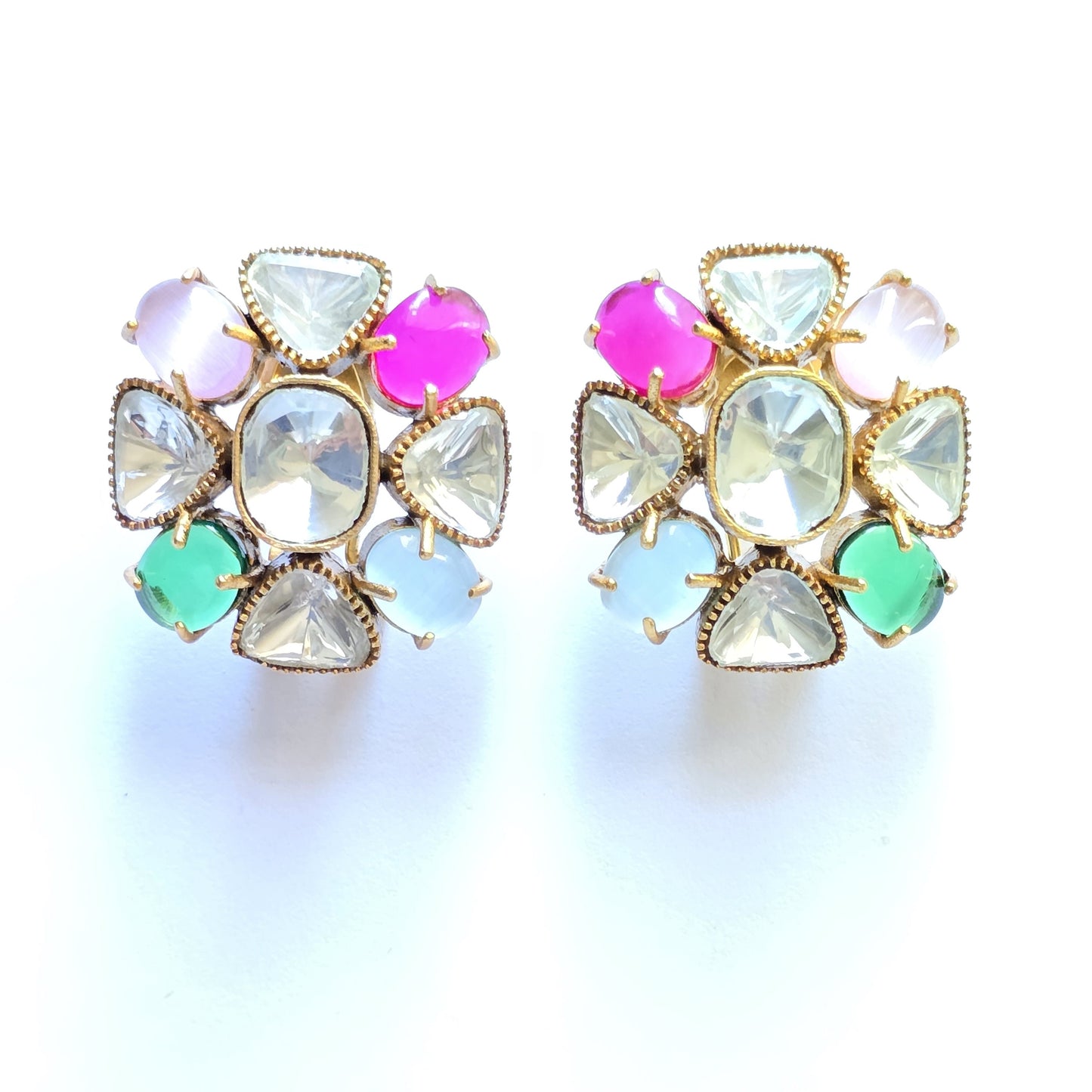 Floral Natural Stone & Polki Studs Earrings