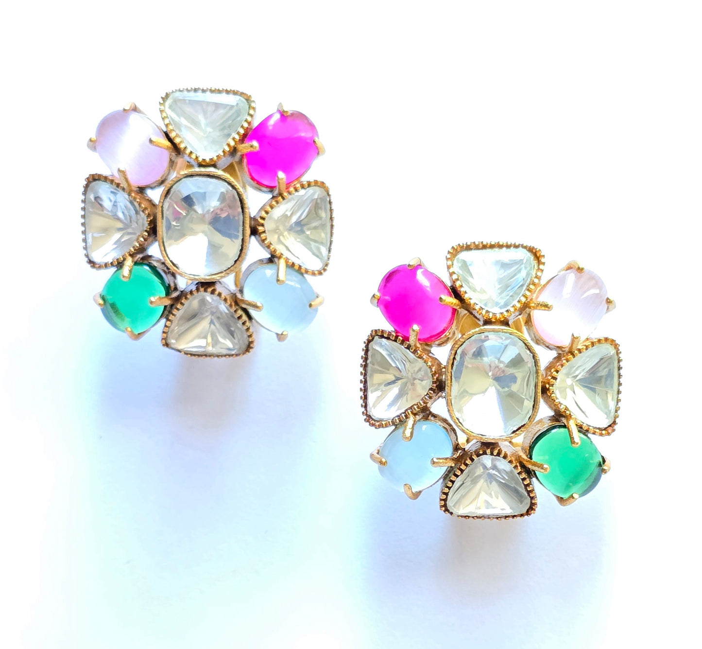 Floral Natural Stone & Polki Studs Earrings