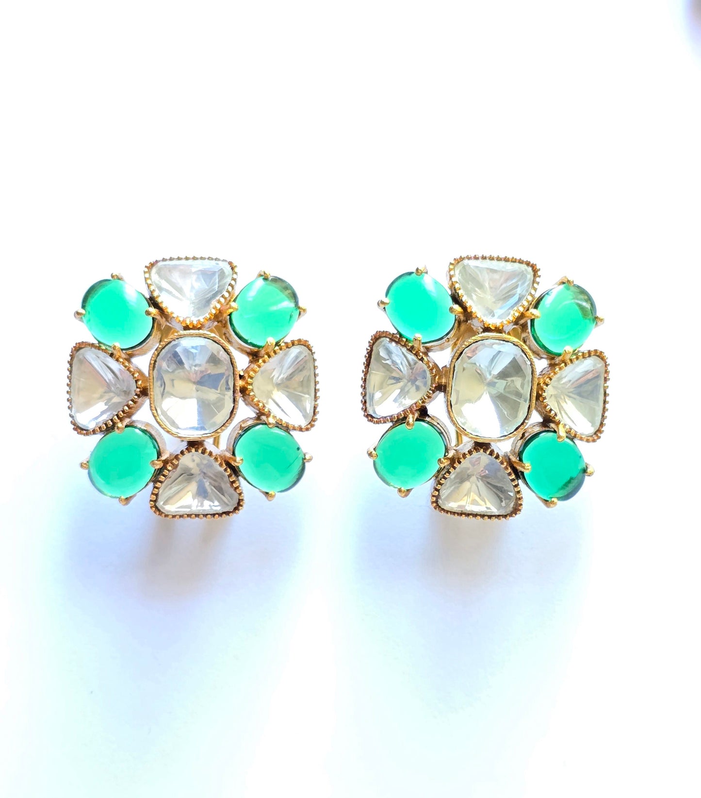 Floral Natural Stone & Polki Studs Earrings