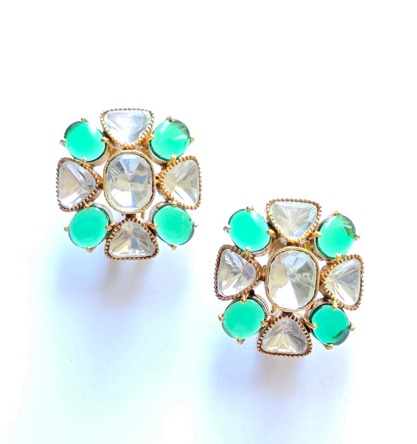 Floral Natural Stone & Polki Studs Earrings