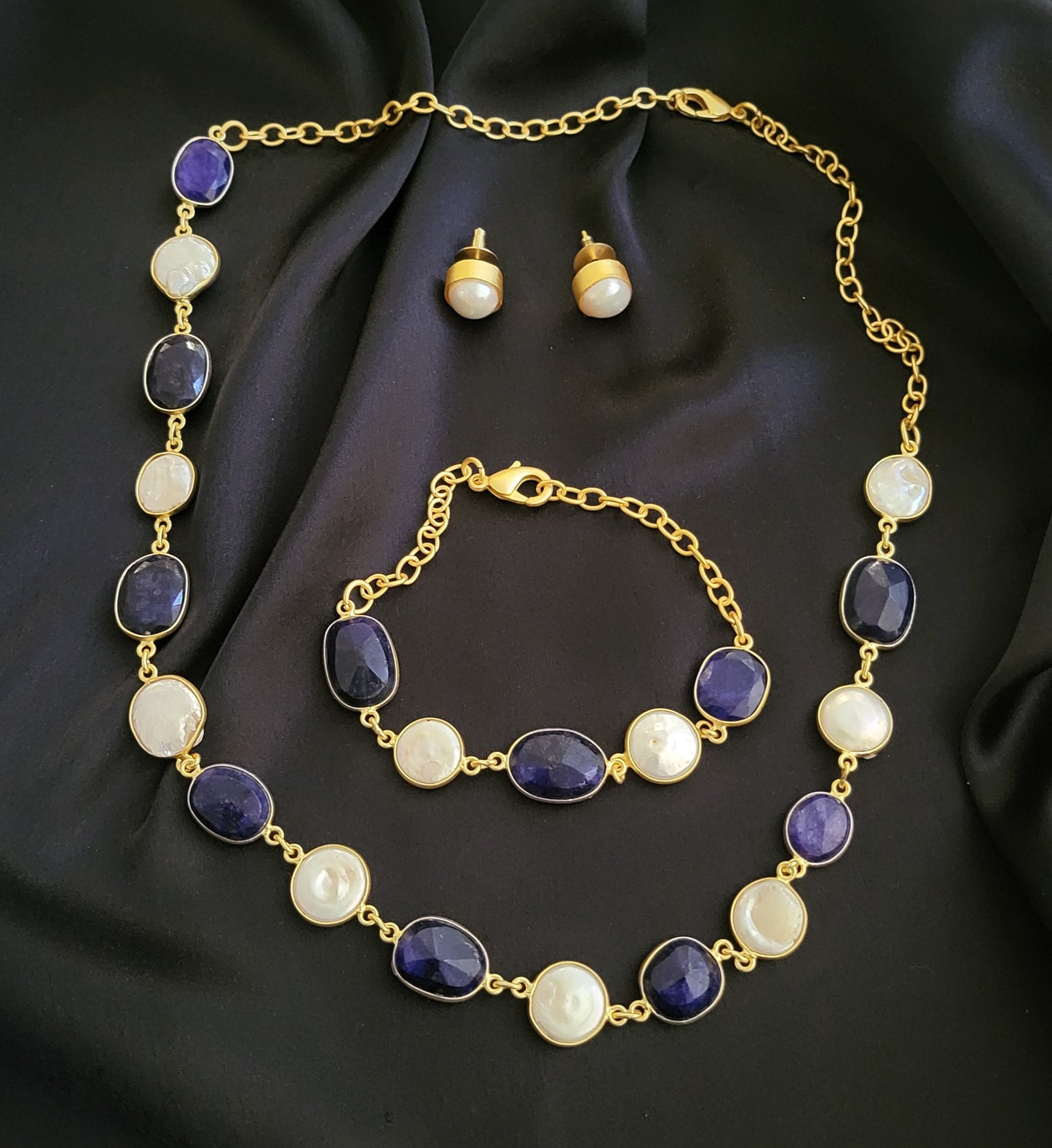 Beaded Pearl & Natural Stone Necklace Set  with Bracelet