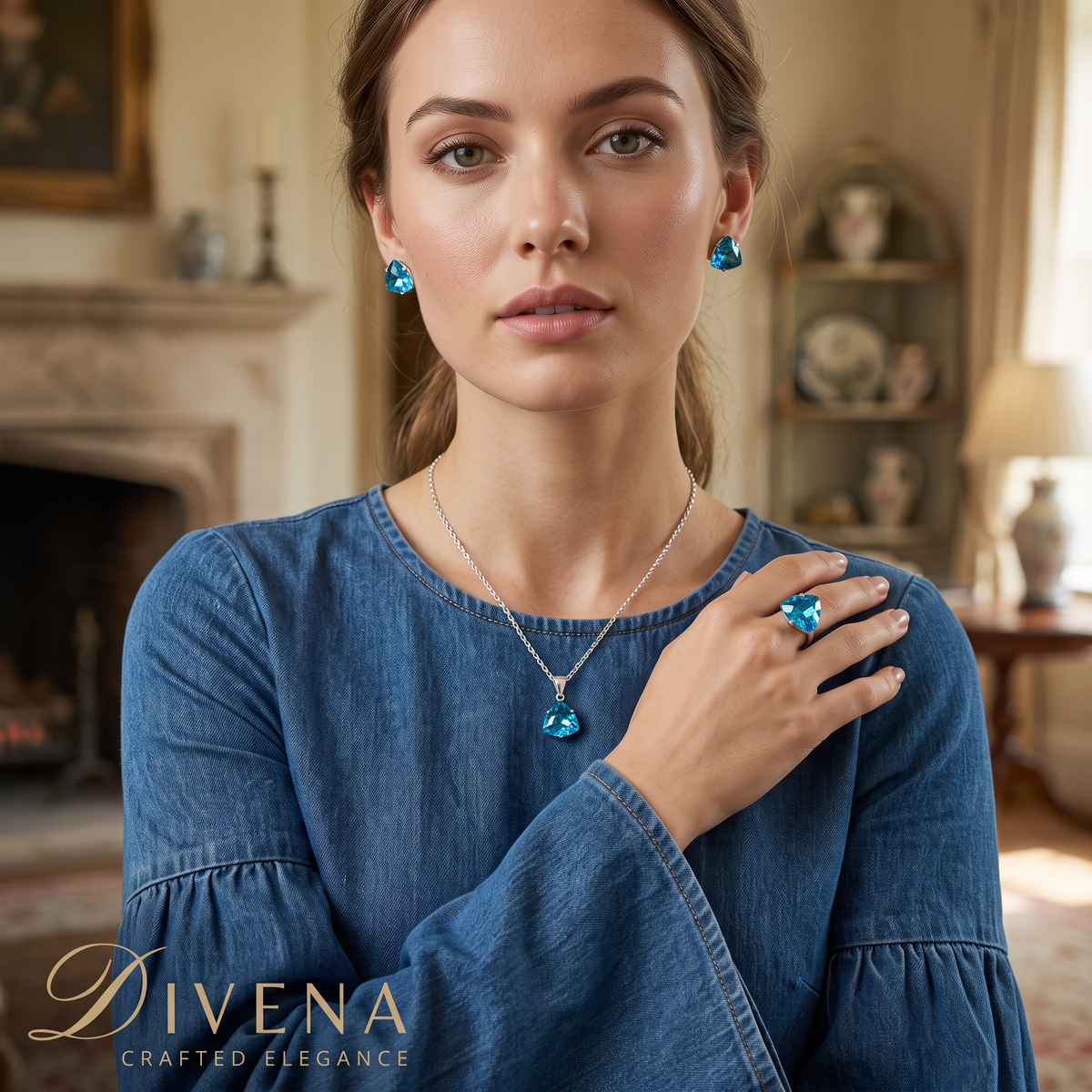 Philomena Solitaire Crystal  Pendant Set with Adjustable Ring