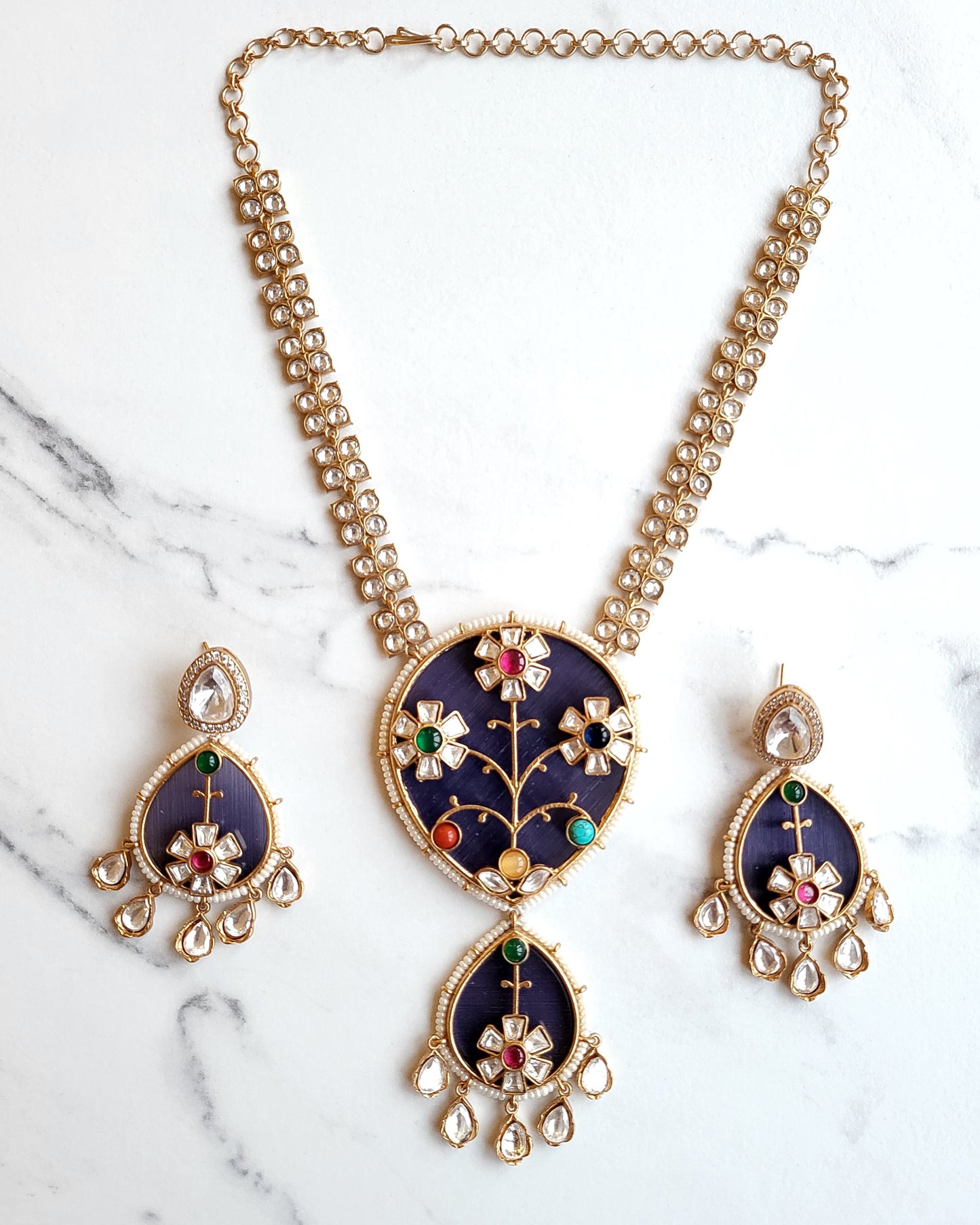 Charlotte Handcrafted Polki Navratan Necklace Set with Inlay Art