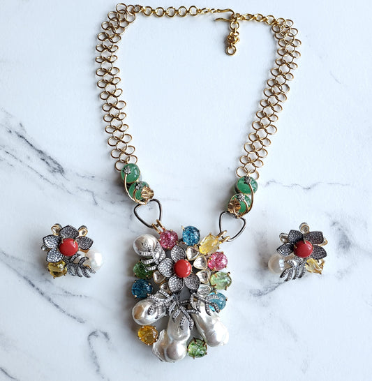 Designer Handcrafted Floral Multicolor Fusion Necklace Set