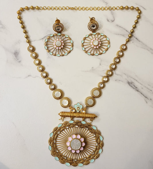 Gold Plated Long Fusion Necklace Set with MOP