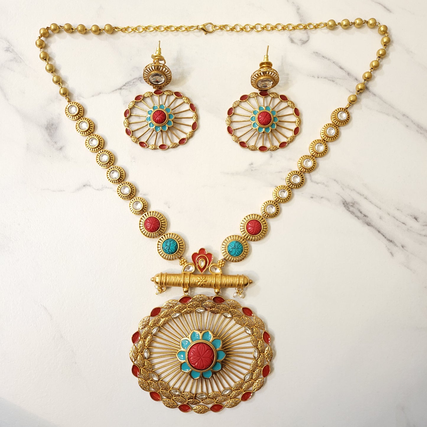 Gold Plated Long Fusion Necklace Set with Natural Stones