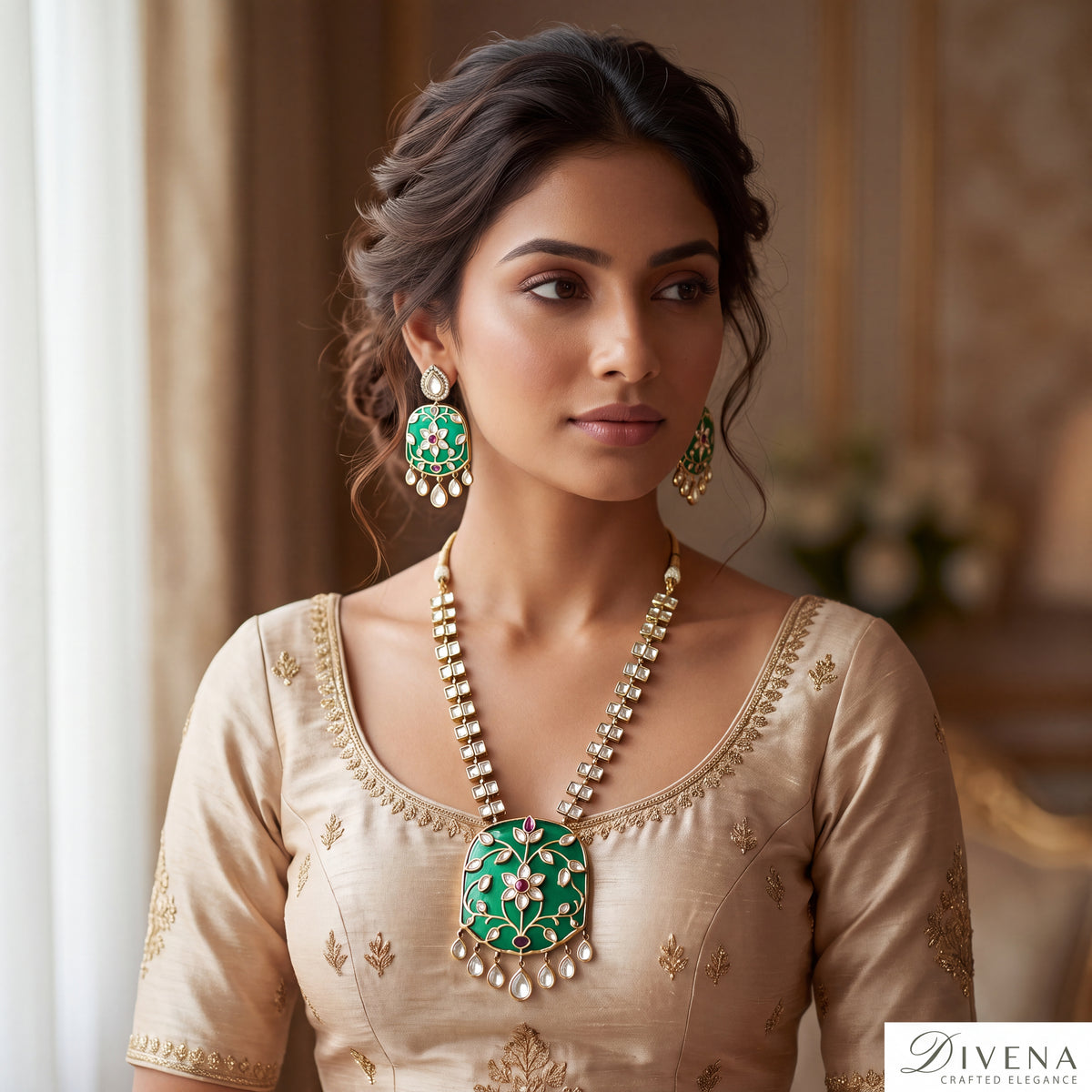Hazel Polki Necklace Set with Glass Inlay Art – Divena handcrafted Indian jewellery