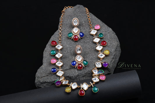 Freya Polki & Multicolour Stone Necklace Set