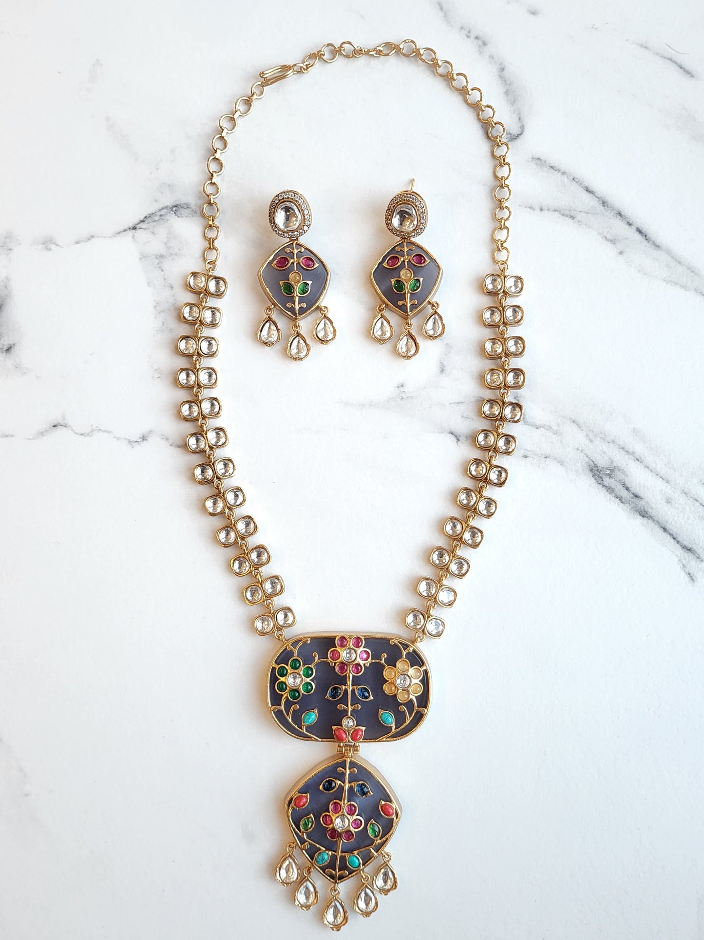 Jessica Handcrafted Polki Necklace Set  with Inlay Art