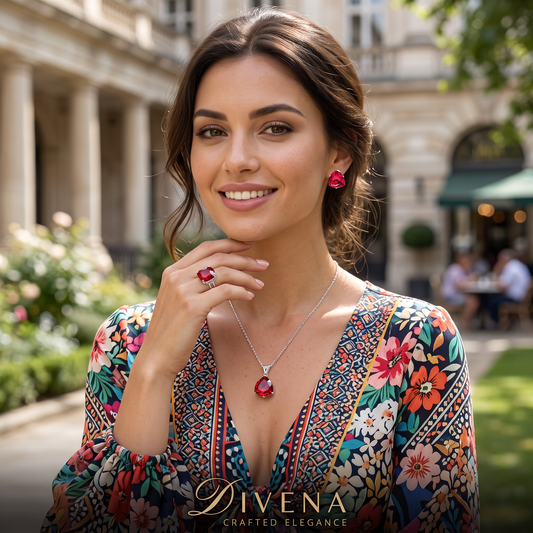 Philomena Solitaire Crystal  Pendant Set with Adjustable Ring