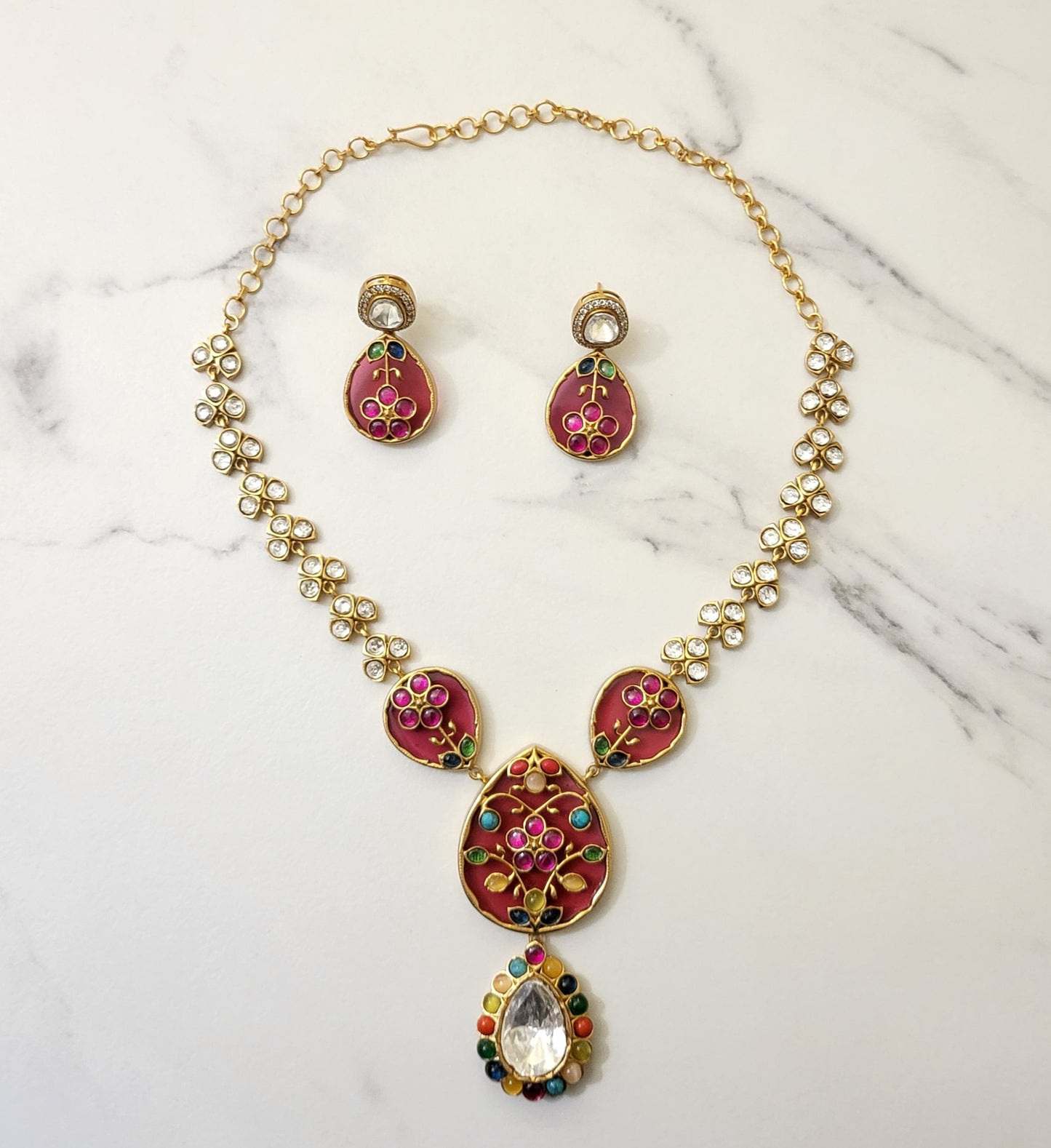 Alina Polki Navratan Necklace Set