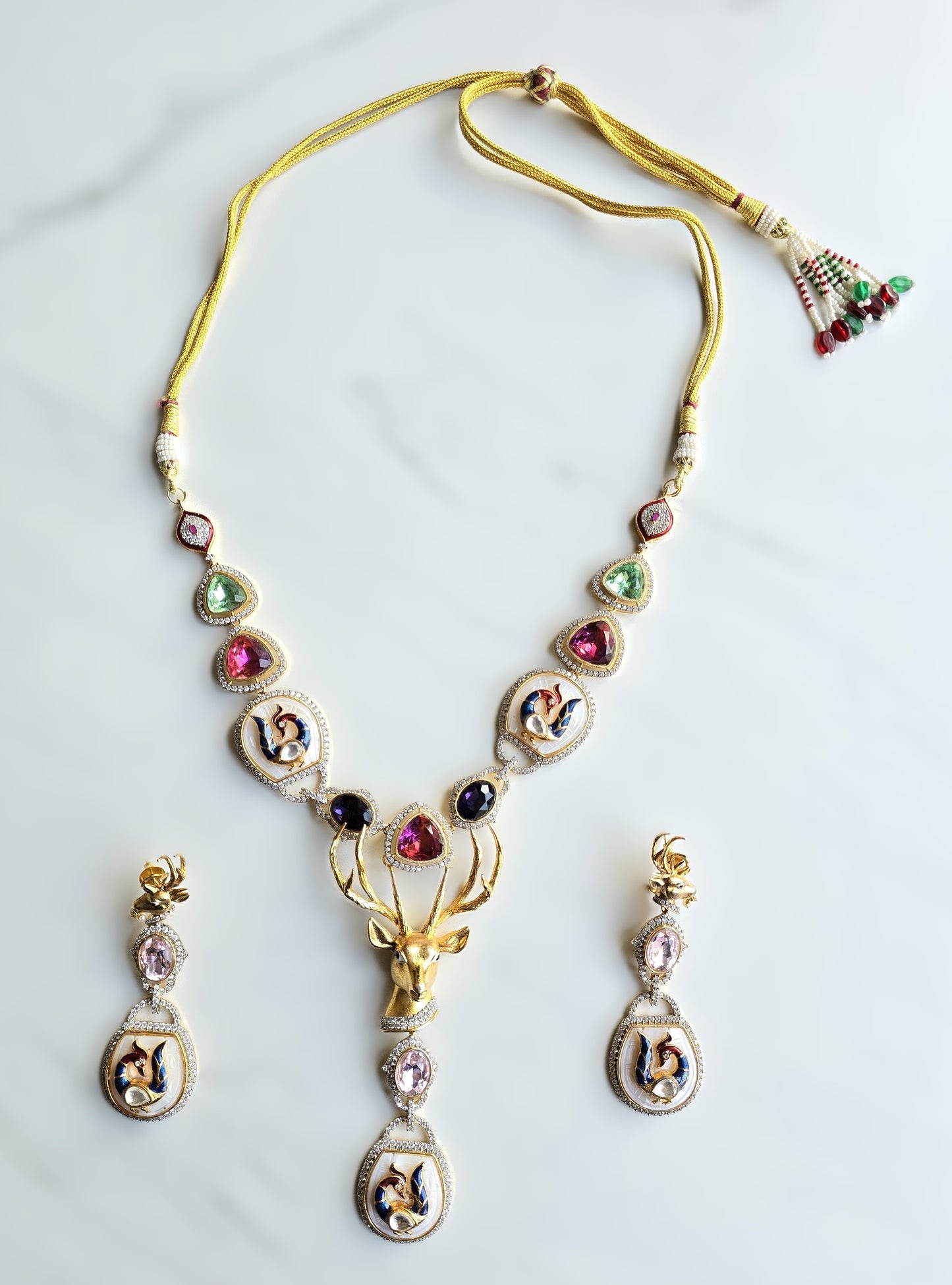 Natasha Designer 3D Deer With Multi Coloured AAA Crystal & MOP Long Necklace Set