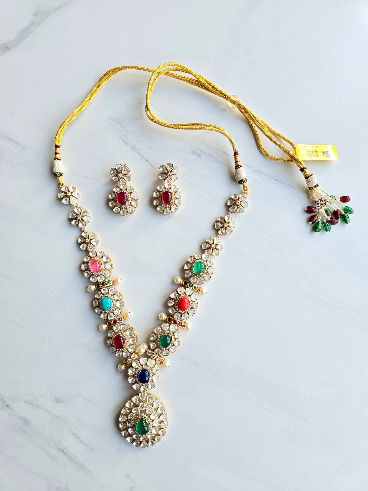 Noya Exquisite Polki With Pota Doublet Stone Navratan Long Necklace Set