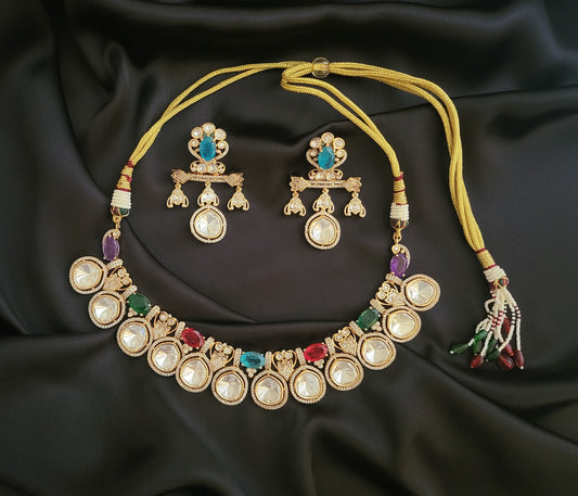 Skylar Polki Necklace Set with Navratan Doublet stones