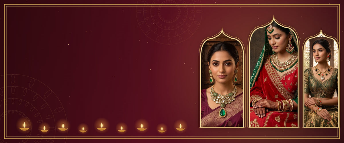 Divena Deepawali Sale - models wearing kundan and polki necklace sets framed by golden arches, with glowing diyas